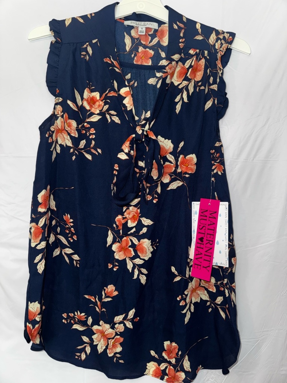 Sweet Rain Navy Floral Tie-Neck Maternity Blouse